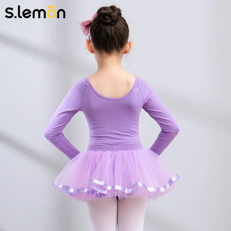 S.lemon Kids Ballet Leotard Dress Dancewear Long-Sleeve Set Autumn/Winter Performance Costume & Practice Wear for Girls