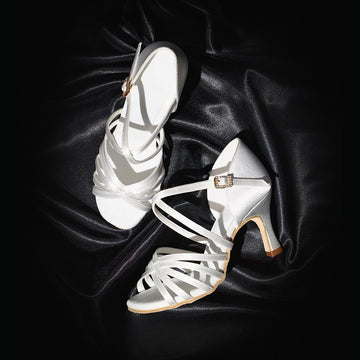 UK Latin Dance Shoes Women's Mid Heel Silk Satin Practice Shoes with Flexible Sole for Ballroom Latin