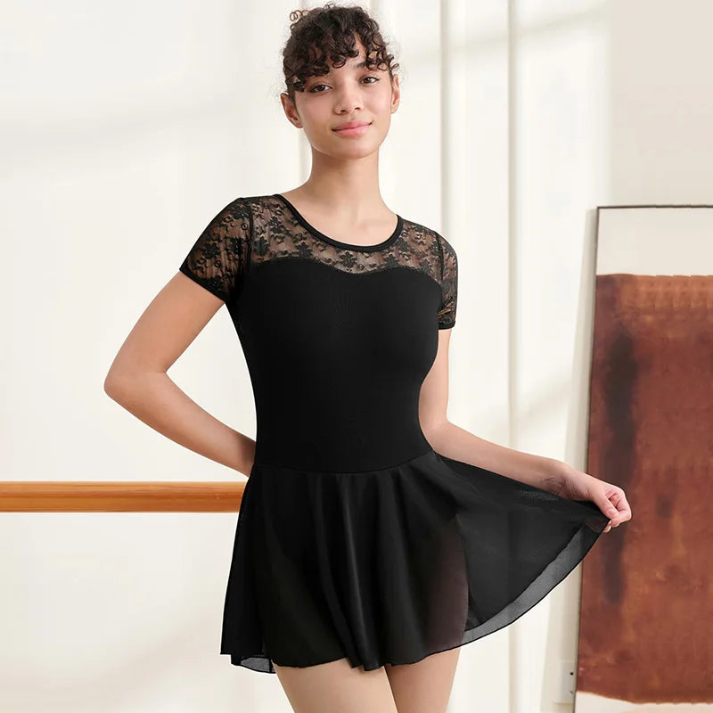 Women's Lace Short Sleeve Dress Ballet Dance Leotards for Adult Gymnastics Tops with Water-drop Hollow Back and Soft Lining