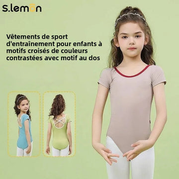 Girls Ballet Leotard Short Sleeve Cross Back Kids Dance Practice Bodysuit for Chinese Dance Art Exam Gymnastics Leotard