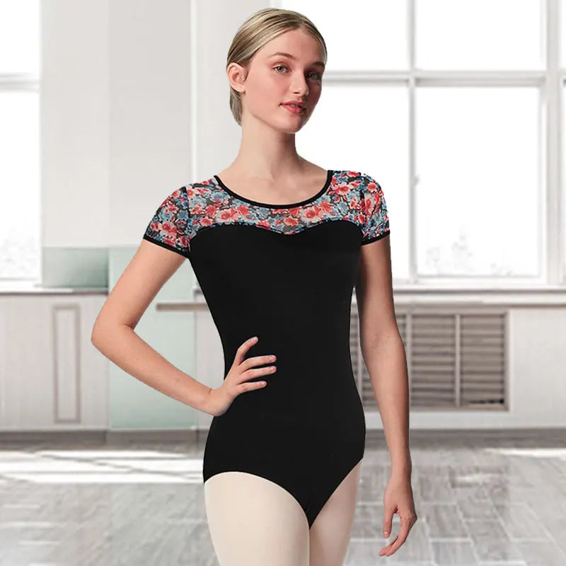 Women Black Short Sleeve Ballet Dance Leotard with Durable Elastics Printed Mesh and Sweetheart Neckline Ballet Clothes Bodysuit