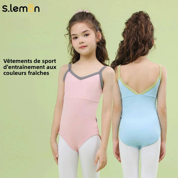 Girls Ballet Leotard Kids Pink Blue Nylon Spandex Sling Color Block V-Neck Gymnastics Performance Bodysuit