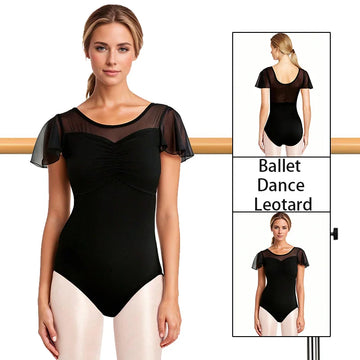 Women's Mesh Flutter Sleeve Ballet Dance Leotard for Adult Gymnastics  Tops with Princess V-Neck Front and Soft Lining Dancewear