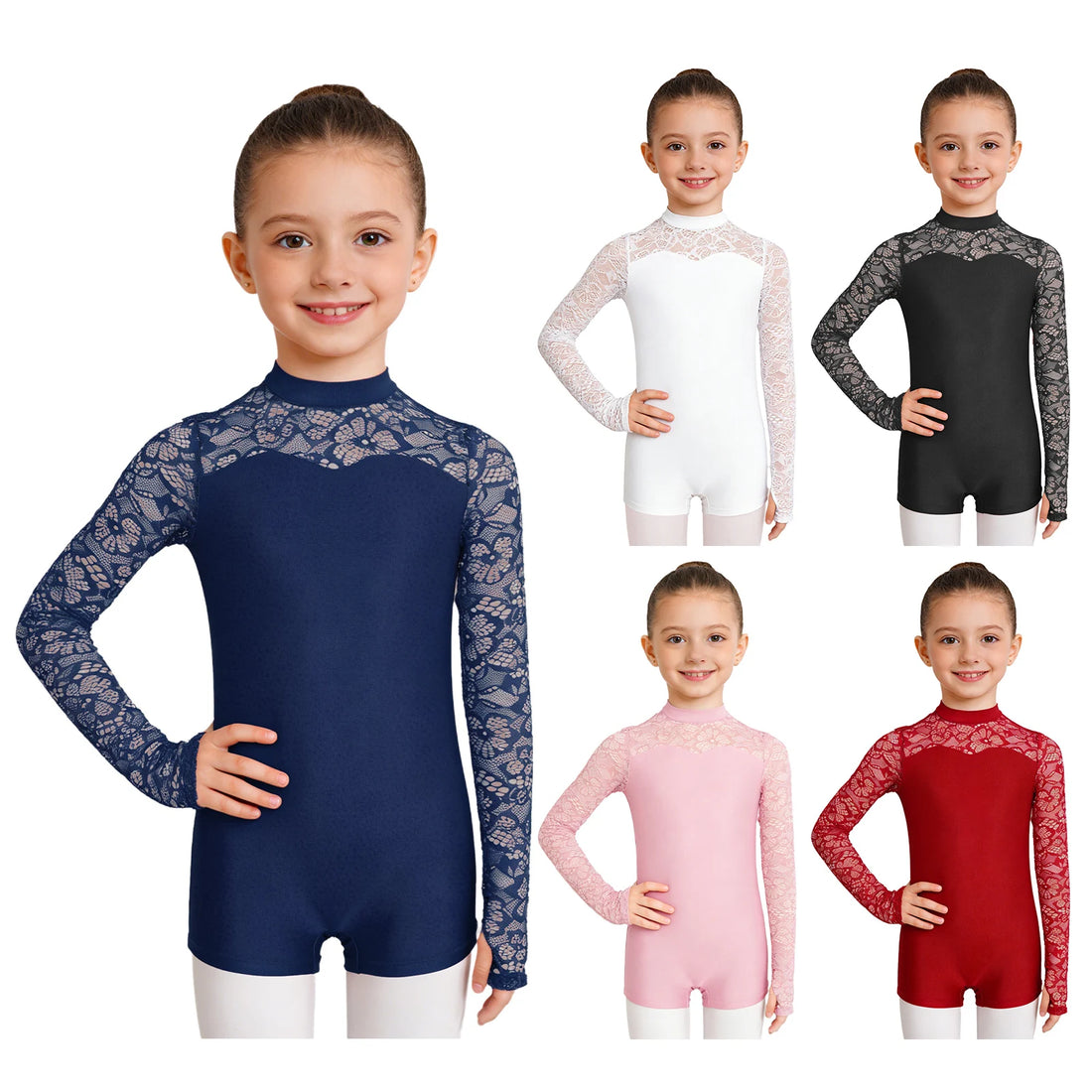 Kids Girls Long Sleeves Ballet Dance Leotards for Children Gymnastics Dance Tops Ballerina Class Practice Jumpsuit Lace Bodysuit