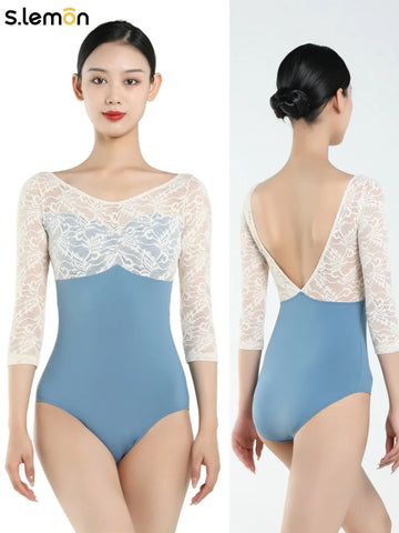 S.lemon Ballet Leotard Women Professional 3/4 Sleeve Lace V-Neck Open Back Gymnastics Dancewear Girls