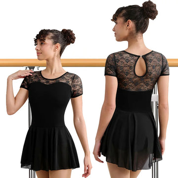 Women's Lace Short Sleeve Dress Ballet Dance Leotards for Adult Gymnastics Tops with Water-drop Hollow Back and Soft Lining