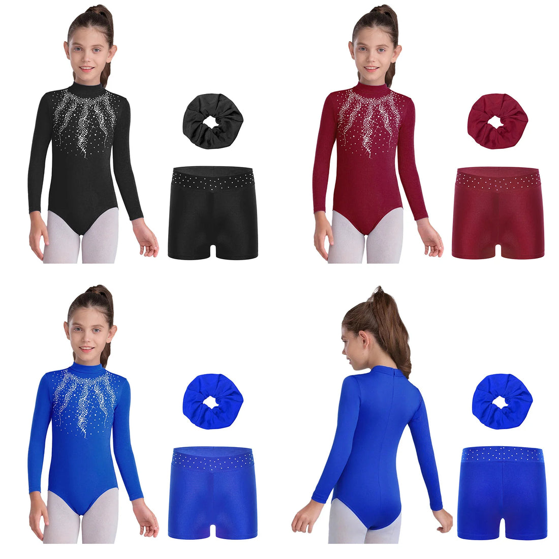 Kids Girls Figure Skating Costume Acrobatics Rhythmic Gymnastics Ballet Dance Outfit Shiny Rhinestone Leotard with Shorts