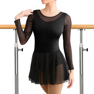 Women's Mesh Long Sleeve Dress Ballet Dance Leotard for Adult Gymnastics Skirts with Folding Buckle Hollow Back and Soft Lining