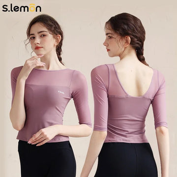 S.lemon Women Ballet Leotard with Built-in Bra 3/4 Sleeve Mesh Ballet Top Chinese Dance Bodysuit for Exam Training