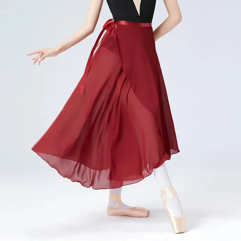 Women's Lyrical Long Chiffon Ballet Dance Skirts Soft Black Burgundy Translucent Adult Dress for Dance Performances And Costumes