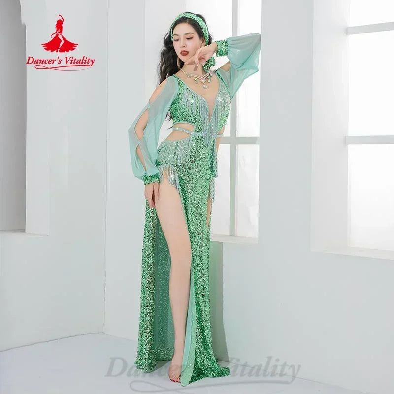 BellyDance Performance Costume for Women Light Luxury Sequin AB Stones Fringe Dress Adult Oriental Dancing Competition Clothing