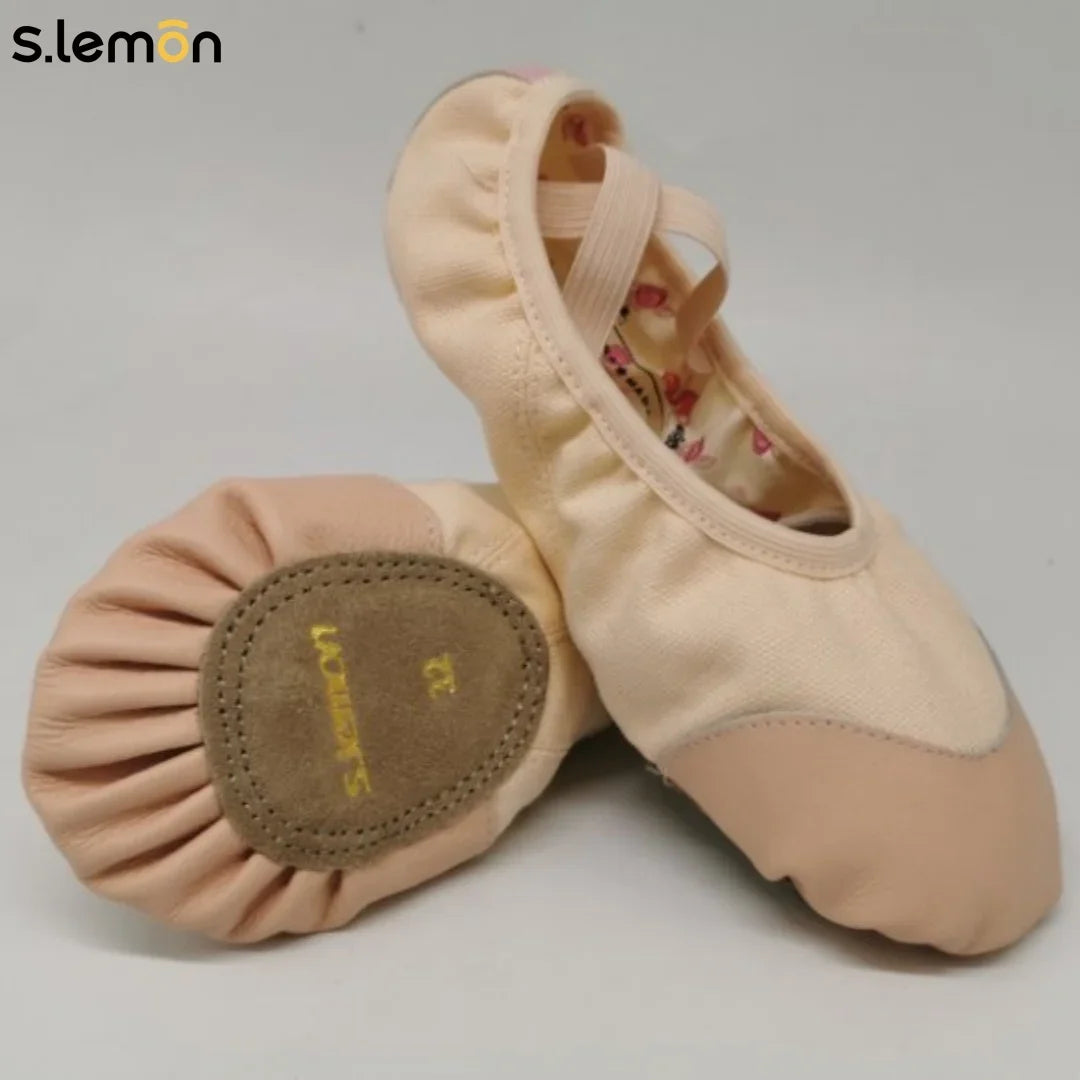 Kids Adults Ballet Dance Shoes-Elastic Cuff Genuine Leather Canvas Split Non-Slip Thickened Cow Suede Soft Sole Cat Claw Shoes