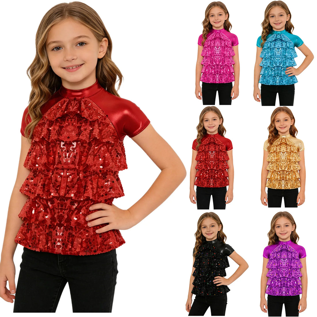 Jazz Dance Costumes Kids Girls Shiny Sequins Short Sleeve Mesh Tiered T-shirt Crop Tops Street Dance Stage Performance Wear