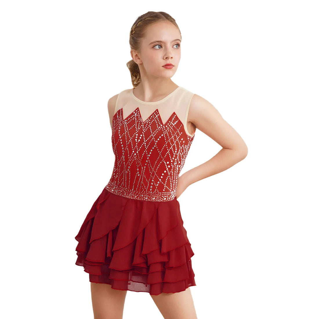 Kids Girls Ballet Dress Figure Skating Gymnastics Dancewear Round Neck Sleeveless Shiny Rhinestones Tiered Ruffled Tutu Dress