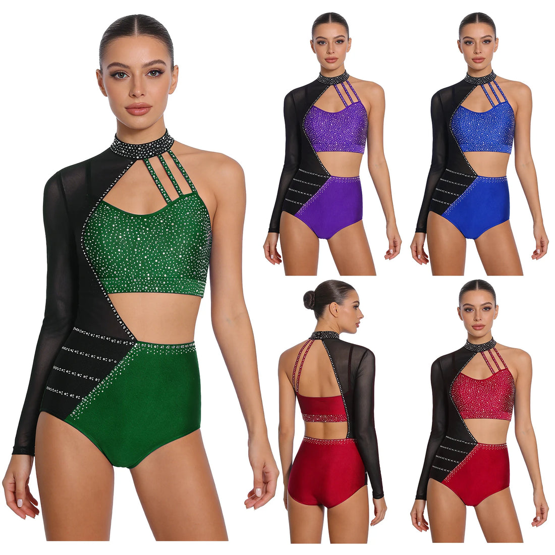 Womens One Sleeve Gymnastics Leotard Rhinestone Asymmetrical Bodysuit for Ballet Tango Latin Dance Party Performance Competition