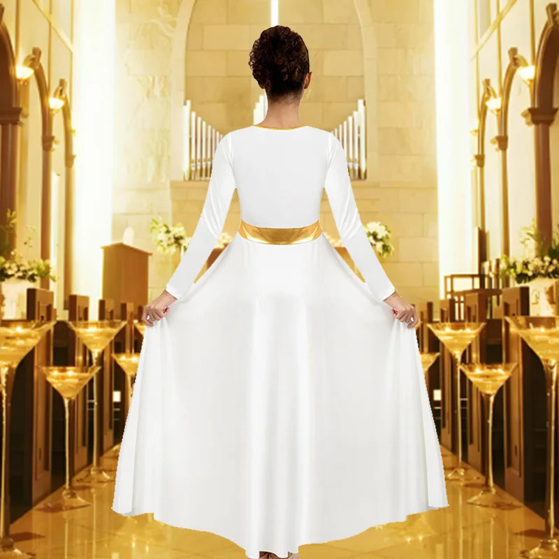 Women Christmas Long Sleeve Metal Splice Praise Dance Dress for adult Church Worship Liturgical Robes with Flared Swing Skirts
