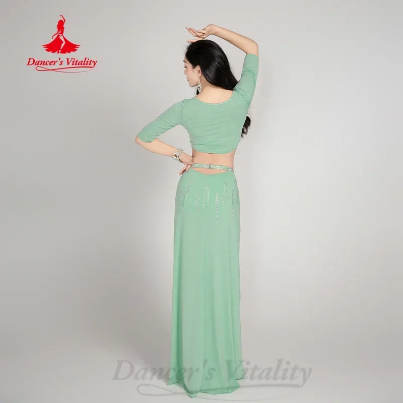 BellyDance Training Suit V-neck Half Sleeve Top+Sexy Split Long Skirt 2pcs Women's Oriental Dance Professional Practice Clothes