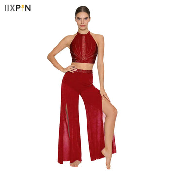 Women Lyrical Modern Dance Suit Costume Figure Skating Ballet Dance Set Rhinestone Crop Top And Built-in Briefs Pants Outfit