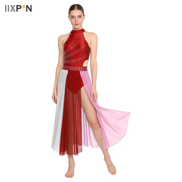 Womens Sleeveless Lyrical Performance Ballet Dance Leotard Overlay Skirt Figure Skating Modern Contemporary Dancewear Split Maxi