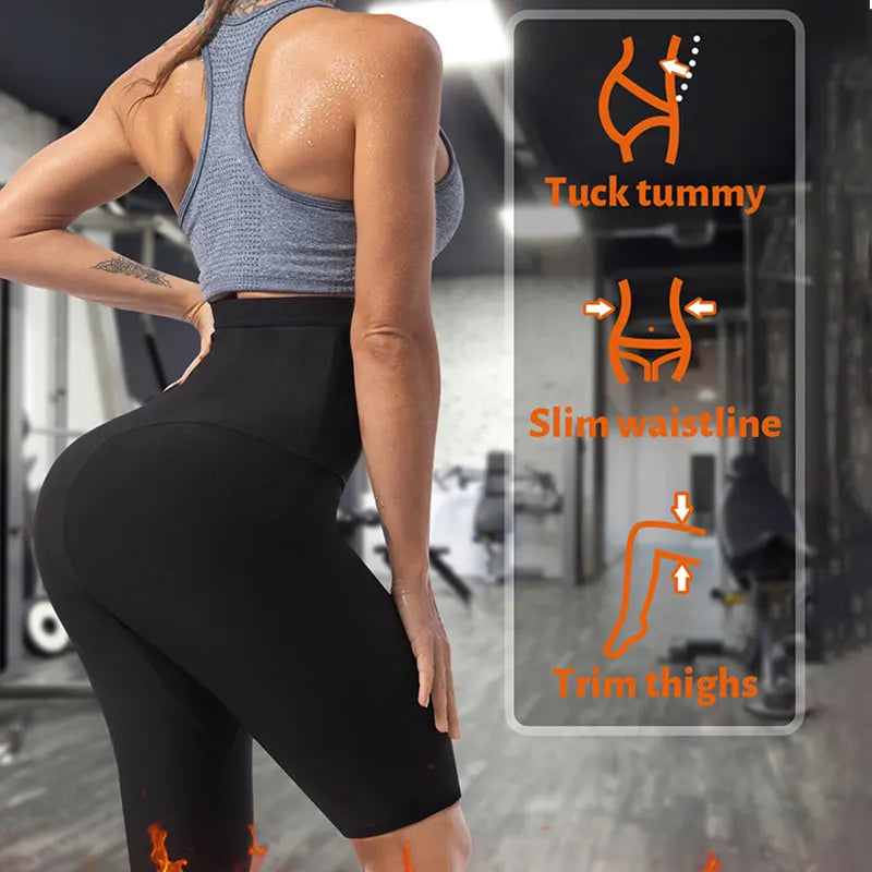 Sauna Sweat Short Pants for Women Weight Loss Body Shaper Slimming Leggings with Crotch Breathable and Three Rows Hooks