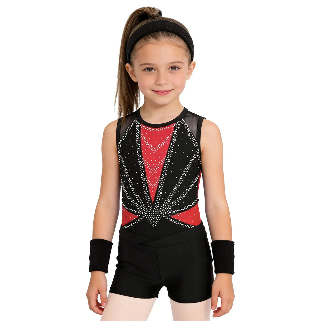 Girls Sparkly Rhinestone Leotard with Ballet Dance Shorts Sports Headband Wristbands Set Sleeveless Tank Bodysuits Ice Skating