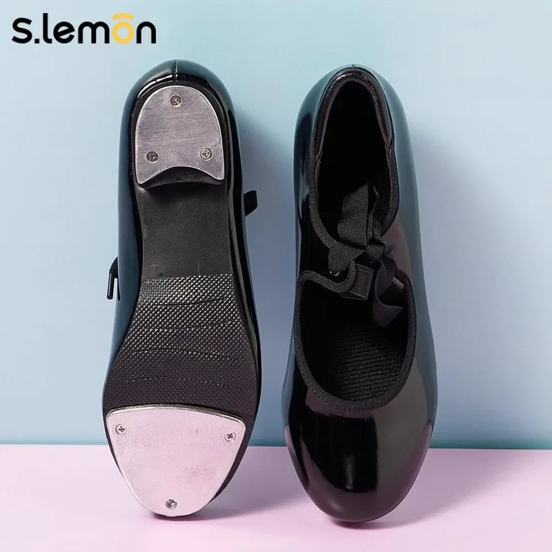 Girls Sparkle Black Tap Shoes Soft Sole Hook & Loop Fastener Easy on Off Kids Dance Shoes for Training Stage Performance