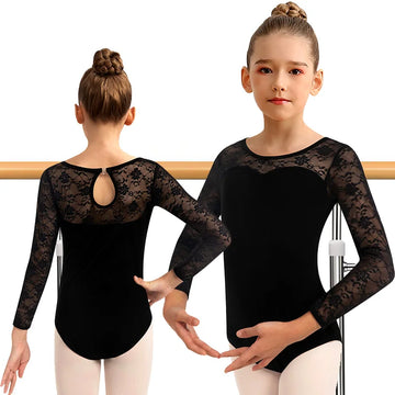 Girls Lace Long Sleeve Ballet Dance Leotards for girl Gymnastics Dance Tops with Water-drop Back and Flower Lace Neckline