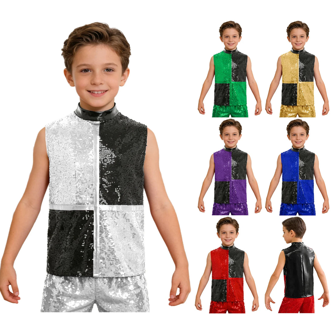 Kids Girls Boys Jazz Hip Hop Dance Tops Shiny Color Block Plaid Sequins T-shirt Top Cheerleading Stage Performance Street Dance