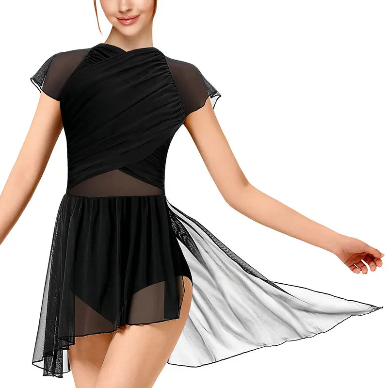 Women Lyrical Modern Ballet Dance Dress Asymmetric High-Low Mesh Skirted and Water-drop Hollow Back Contemporary Dance Costume