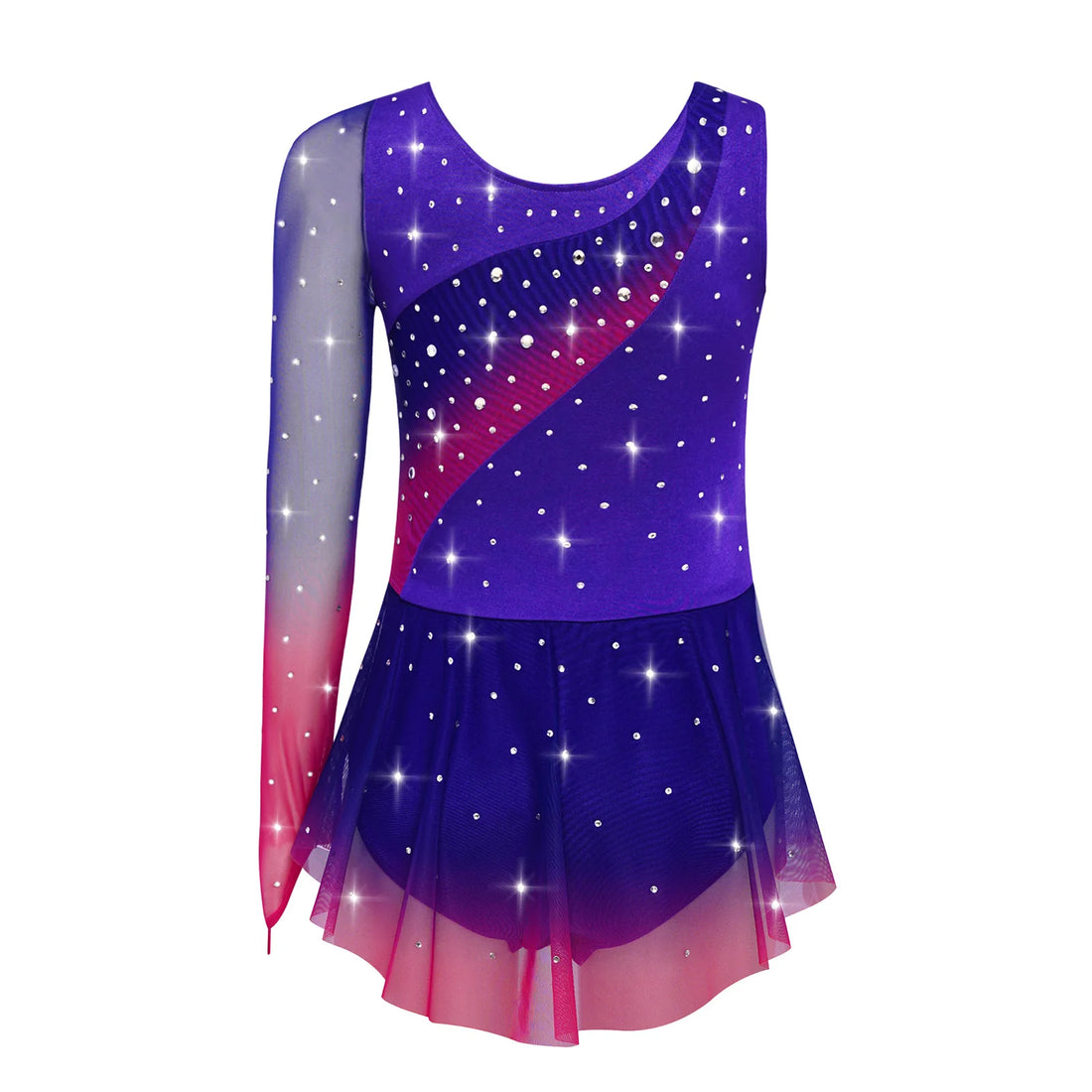 Kids Girls Figure Skating Rhythmic Gymnastics Leotard Dress Asymmetrical Split Shiny Rhinestones Contrast Color Dress Ballerina