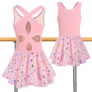 Girl Sleeveless Camisole Dance Dress Ballet Dance Leotards for girl Gymnastics Skirts with Shiny Sequins and Hollow Back