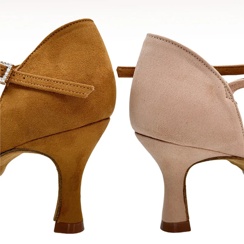 UK Latin Dance Shoes, Suede Wrap-around T-Strap, Flexible Sole & Leather Bottom for Indoor Comfort