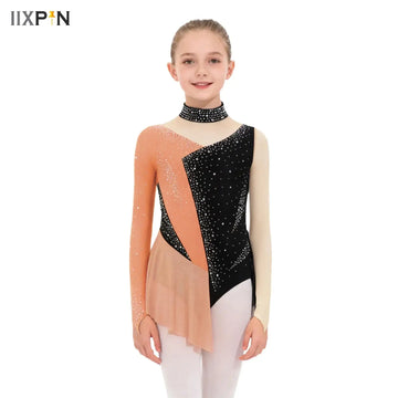 Kids Girls Sparkly Rhinestone Sheer Mesh Long Sleeve Ballet Dance Bodysuit Figure Skating Rhythmic Gymnastics Leotard Dancewear