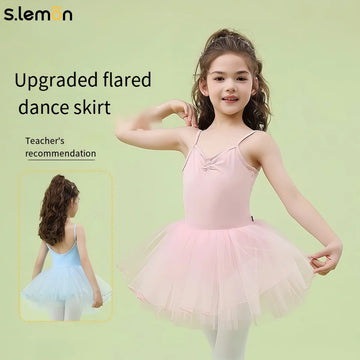 Girls Ballet Tutu Dress Spaghetti Strap Mesh Puff Skirt Kids Chinese Dance Gymnastics Practice Leotard