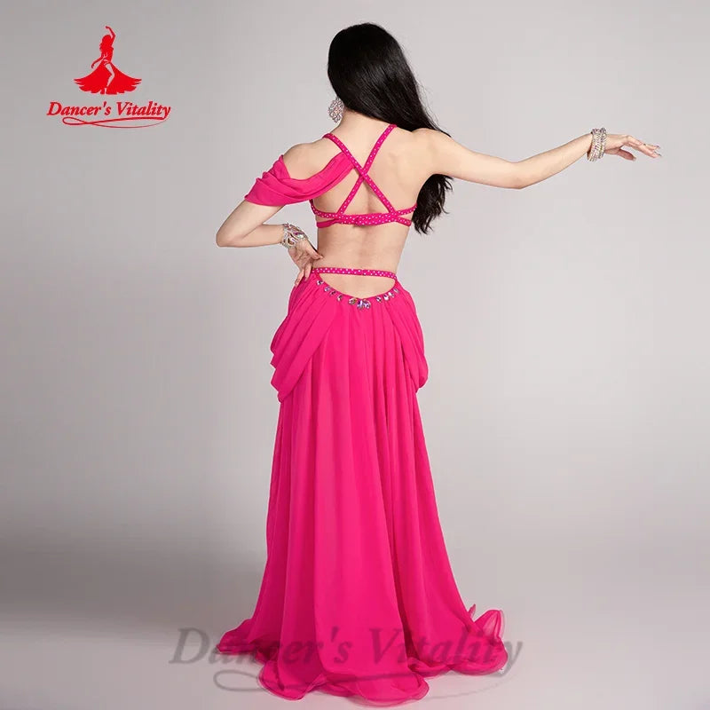 BellyDance Costume for Women's Senior AB Stones Bra+Chiffon Long Skirt 2pcs Oriental Dancing Professional Performance Outfit