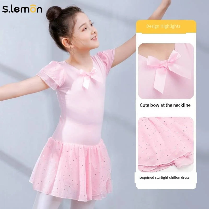 S.lemon Kids Ballet Dance Leotard Dress Sparkle Chiffon Skirt Peru Cotton Ruffle Sleeves Bowknot Girls Performance Outfit