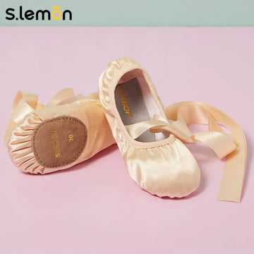 S.lemon Women Satin Ballet Shoes with Ribbon Ties Blush Pink Professional Dance Shoes