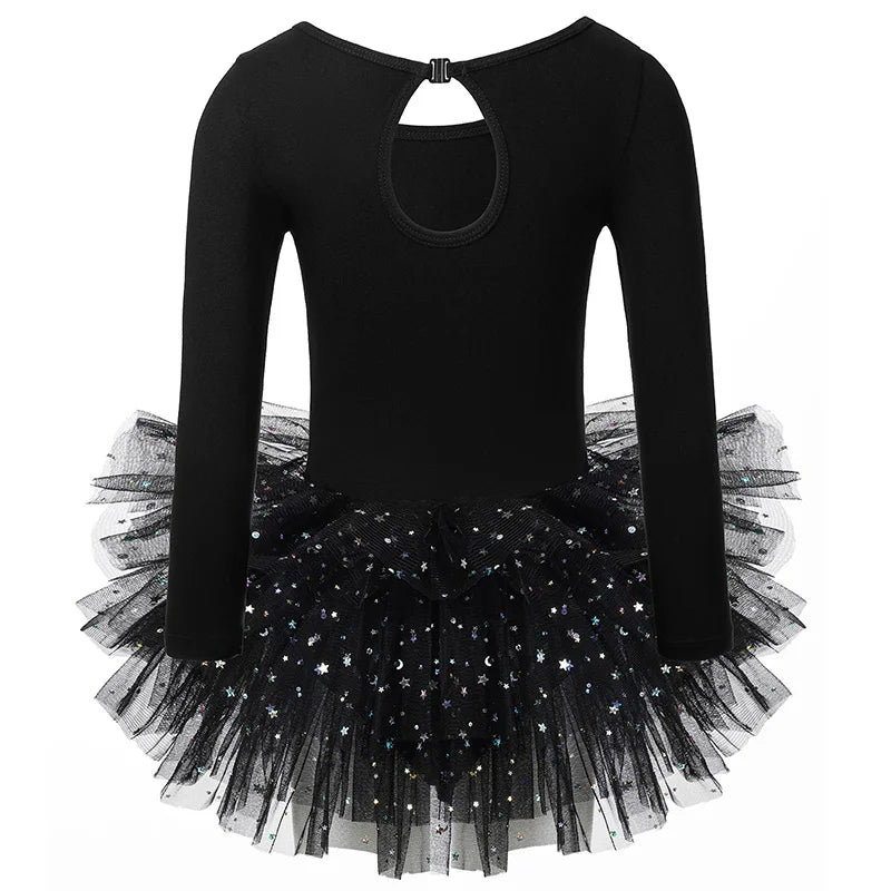 Girls Long Sleeves Tutu Dance Dress Ballet Leotard for kids Dance  Practice with Glitter Sequin Design and Crotch Snap Skirt