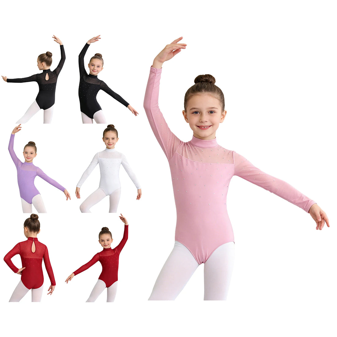 Kids Girls Gymnastics Ballet Dance Leotard Sheer Mesh Long Sleeves Sparkling Rhinestones Bodysuit Ballerina Practice Dancewear