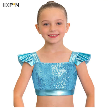 Girls Ballet Dance Top Sparkly Sequins Tops Vest Hip Hop Rave Performance Clothes Dancewear Children Jazz Dance Costumes