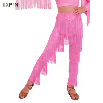 Kids Girls Profession Latin Samba Rumba Salsa Tango Cha Cha Dance Fringe Pants Tiered Tassel Ballroom Performance Trousers Wear