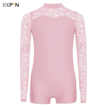 Kids Girls Long Sleeves Ballet Dance Leotards for Children Gymnastics Dance Tops Ballerina Class Practice Jumpsuit Lace Bodysuit