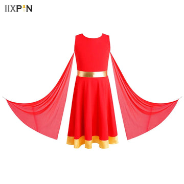 Kids Girls Ballet Praise Lyrical Dance Performance Costume Mesh Drapes Metallic Church Christian Worship Robe Dress Tunic Wear