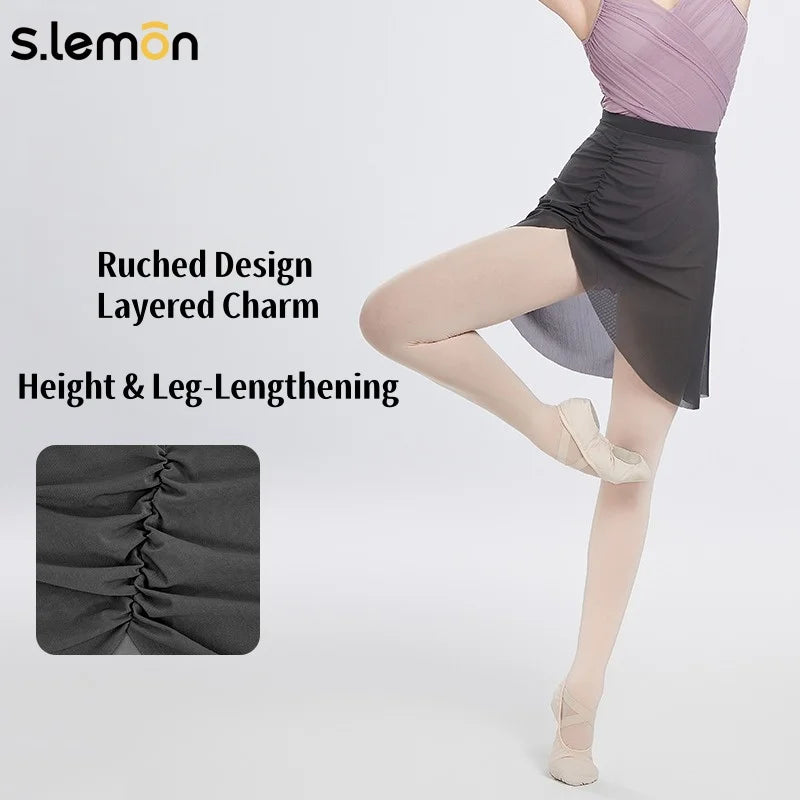S.lemon Women's Ballet Dance Skirt - Asymmetric Ruched Midi Skirt with Stretch Mesh Fabric for Practice & Performance