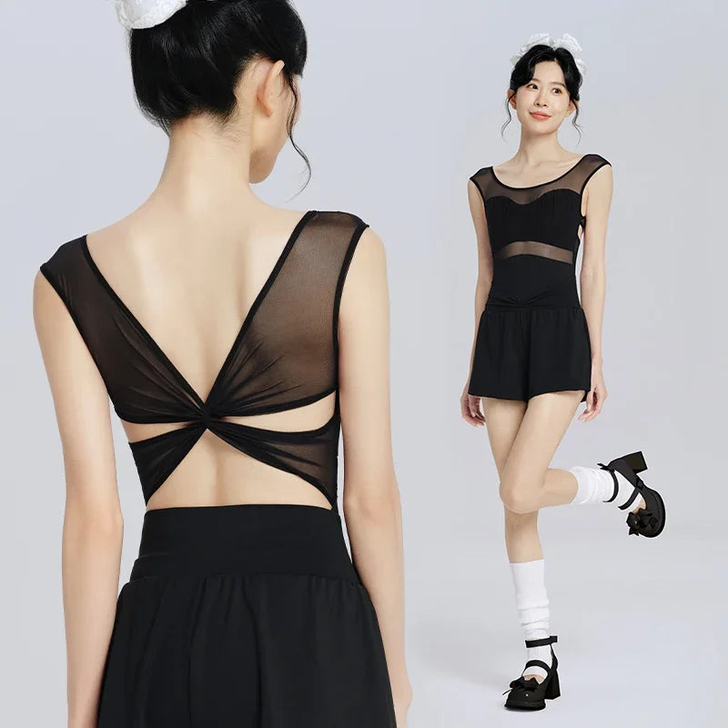 New Women Ballet Leotards Camisole Mesh Splice Sleeveless Bodysuit Cross Back Gymnastics Ballet Costumes Swimwear