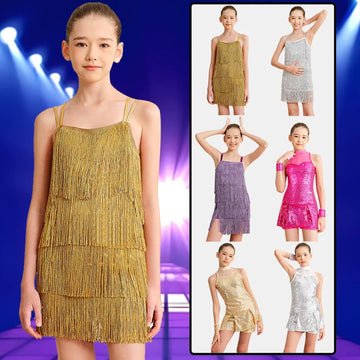 Girls Sleeveless Latin Jazz Hip Hop Vintage Dance Dress Sequin Sparkly Lyrical Fringe Performance Ballroom Party Skirts Suits