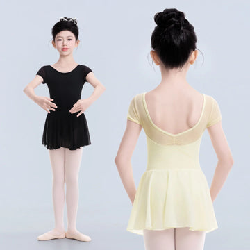 Children Nylon Mesh Dress Short Sleeved Jumpsuit Girl Practice Clothes Gymnastics Training Ballet Skating Performance Outfit