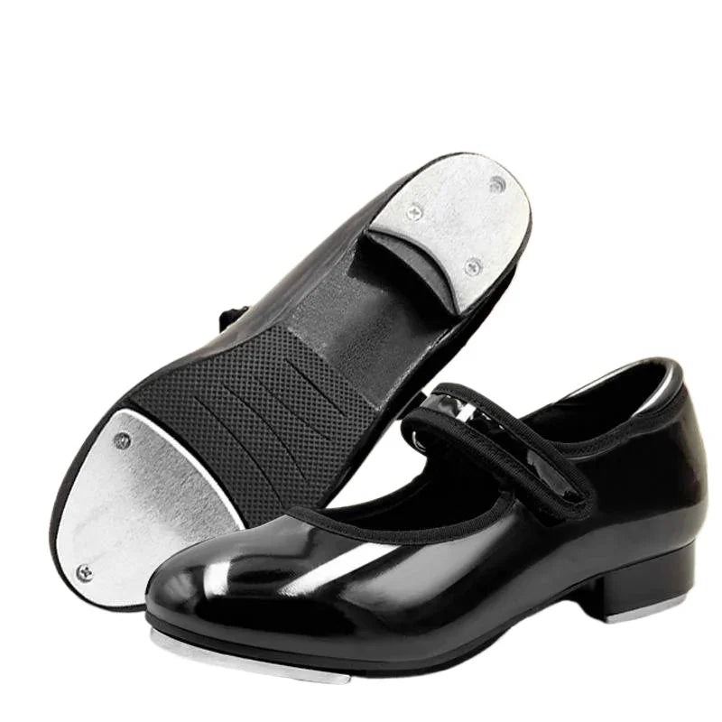 S.lemon Kids Tap Shoes Black Soft-Sole Dancing Shoes with Glossy Finish,No-Tie Velcro Fastening for Adult Girls