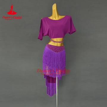 Belly Dance Performance Costume Women's Short sleeved Top+Tassel Short Skirt 2pcs Oriental Dance Practice Outfit
