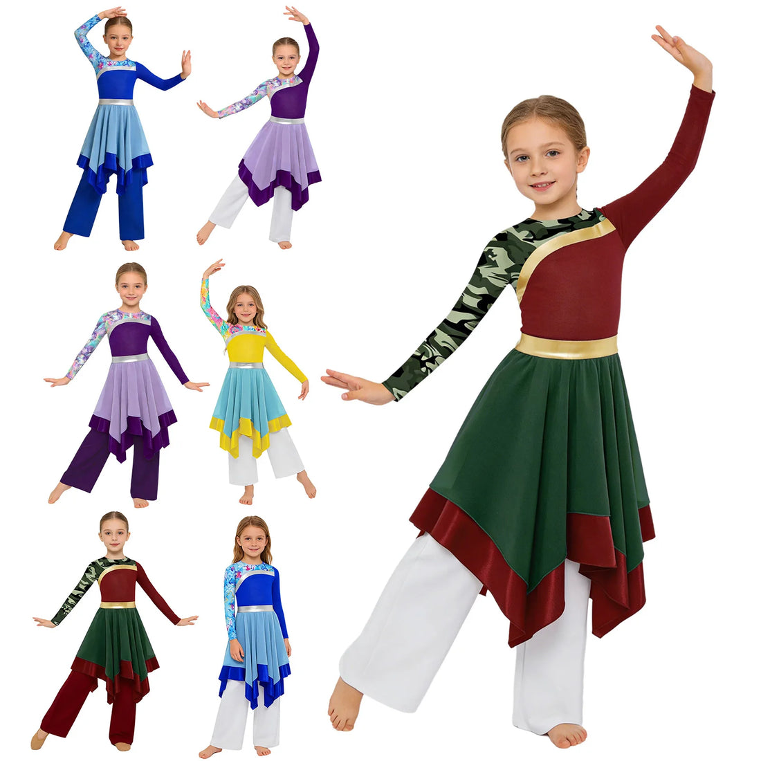 Kid Girls Liturgical Praise Dance Outfit Ballet Lyrical Dance Dress Modern Christian Dance Tunic Choir Performance Worship Pants